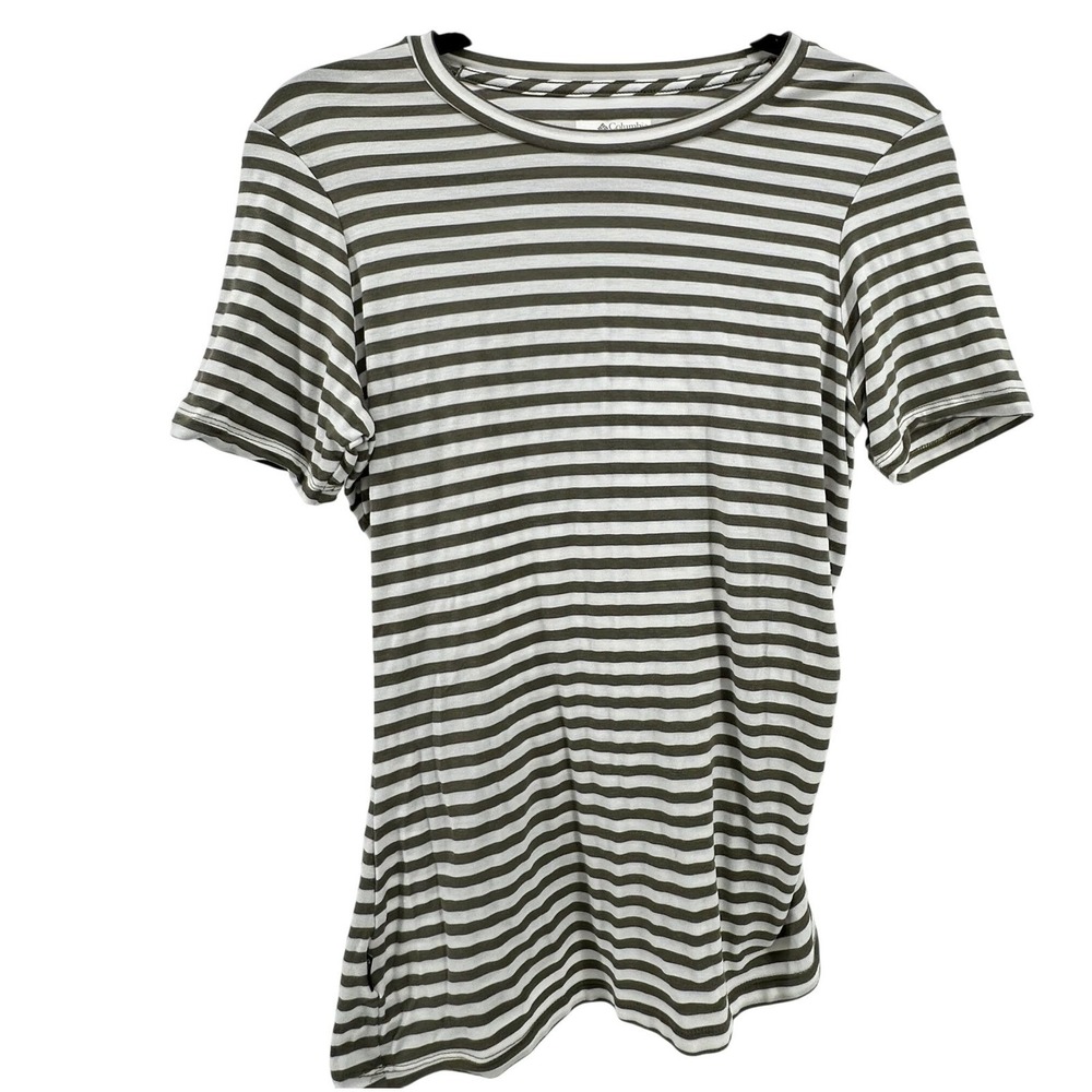 Columbia Sportswear Ruched‎ Womens Green Striped Short Sleeve T Shirt Size M